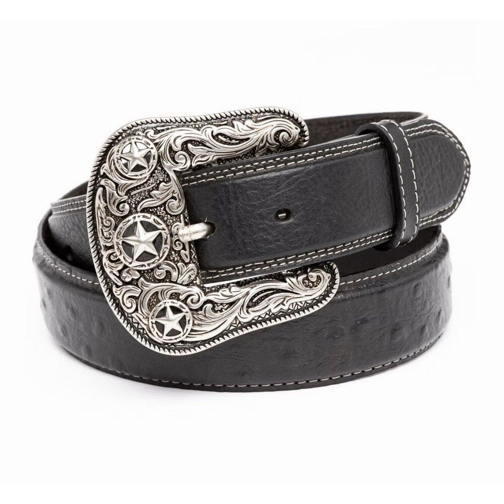 NWT Cody James Men’s Ostrich Print Embroidered Leather Western Belt Black Sz 34
